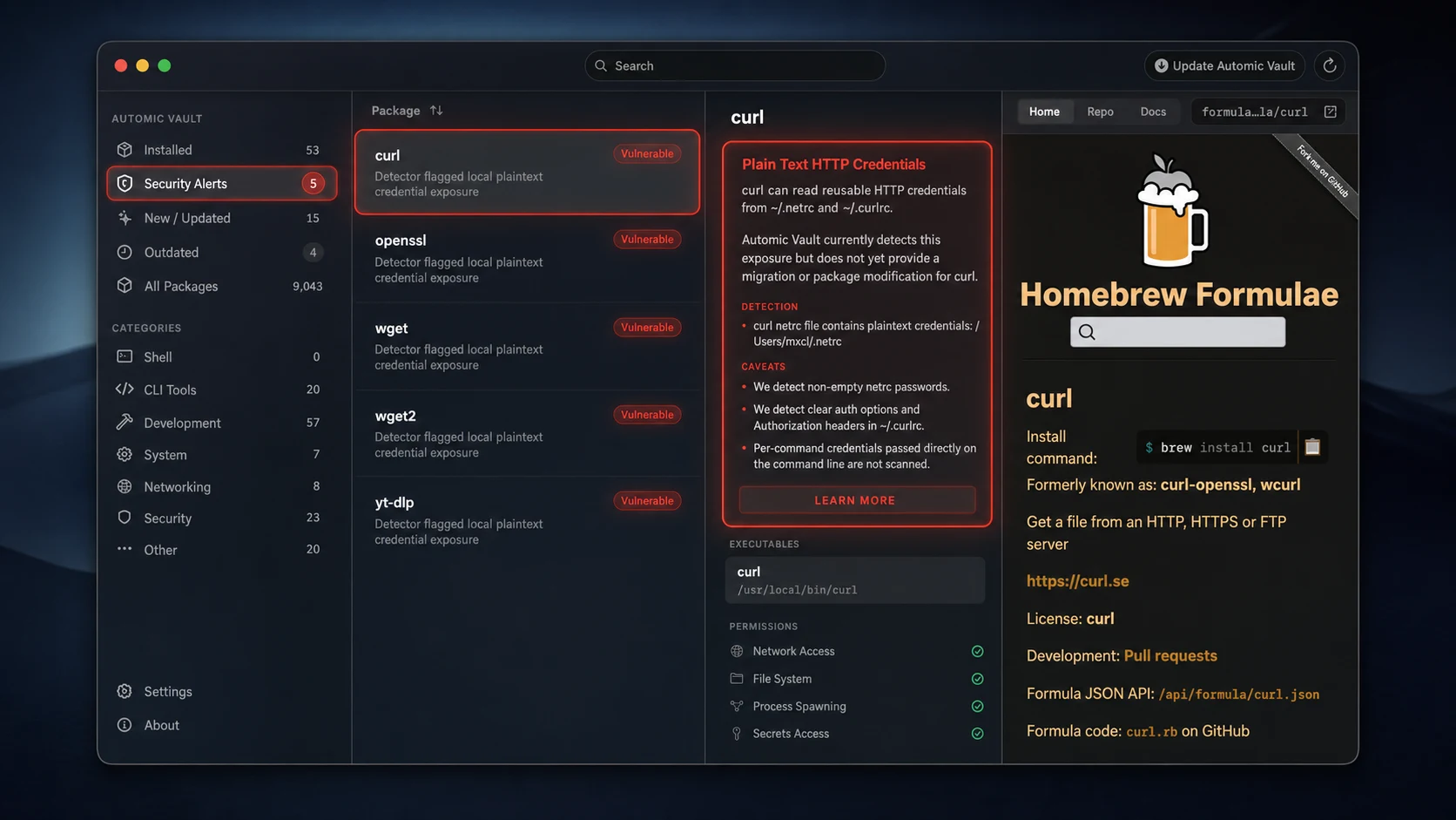 Automic Vault identifying security hazards and guiding the user through fixes